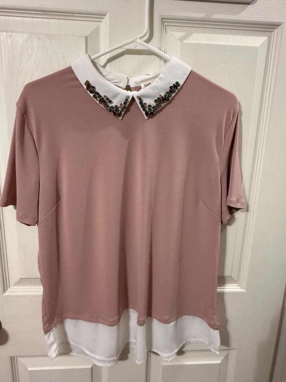 faith and joy Blouse Size L Pink Rhinestone Collar